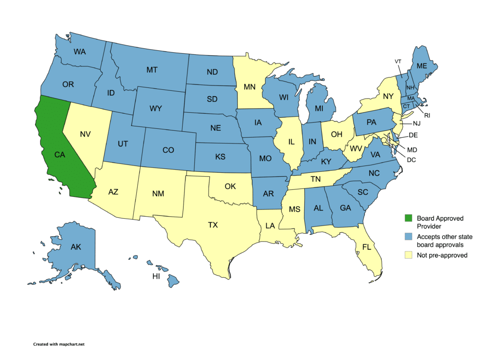 Map of the United States of America displaying which states have CEU approval. Text below the image contains the same information